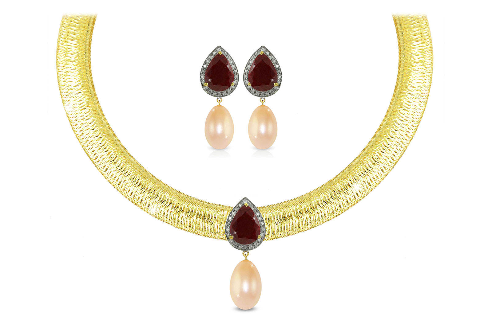 Vera Perla 18K Gold 0.36ct Diamonds, Ruby and 13mm Pink Pearl Jewelry Set - 2 pcs.